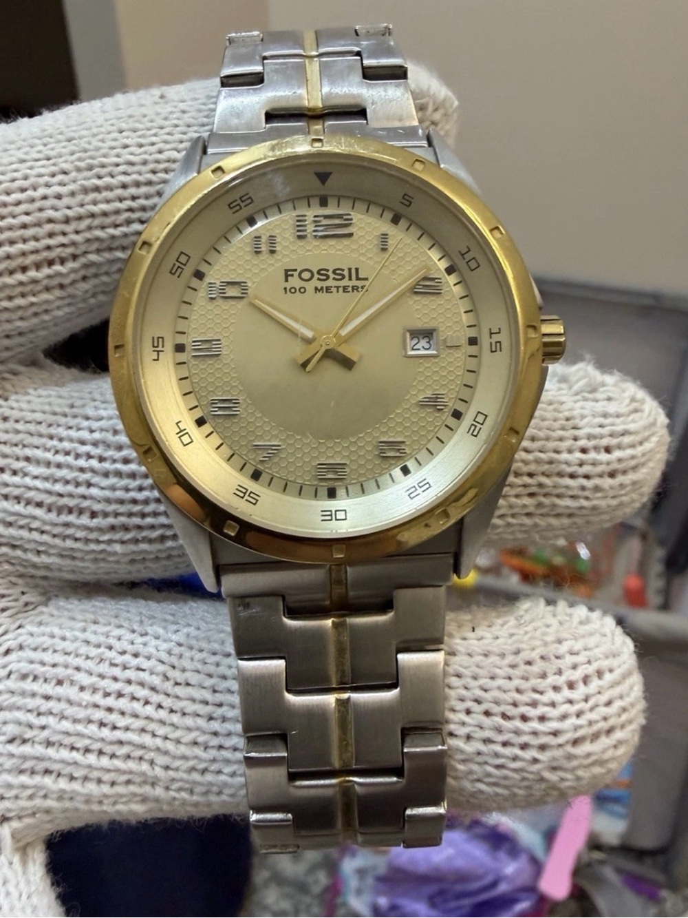 Fossil PR-5363 Men's Watch Two-Tone Gold Silver Stainless Steel Honeycomb Dial